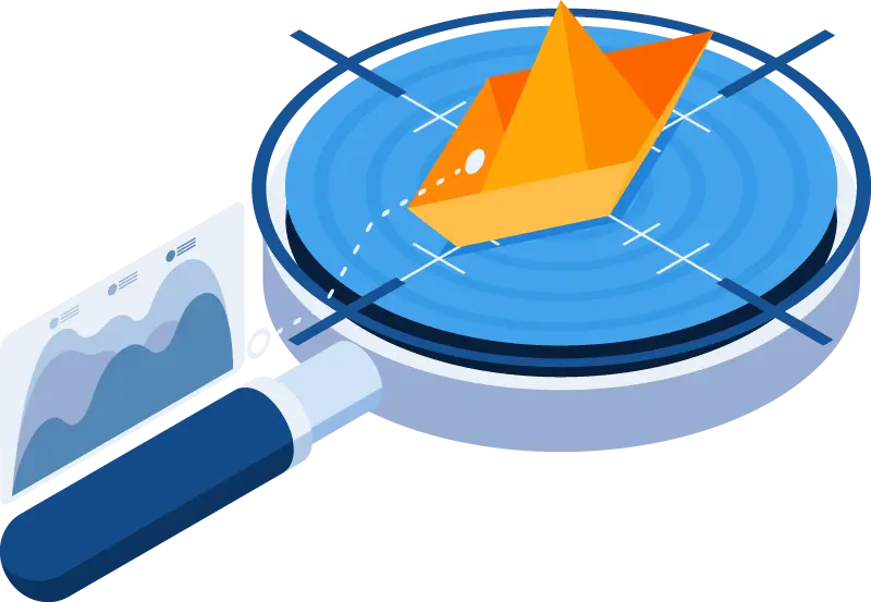 Ilustracja lupy z wykresem i papierową łódką symbolizującą analizę danych i precyzyjne targetowanie reklam