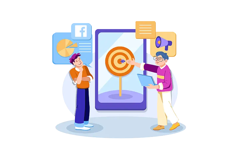 Ilustracja targetowania reklamy na Facebooku z celem, megafonem i użytkownikami
