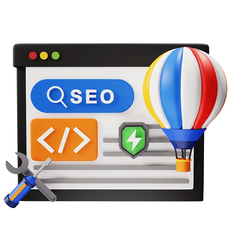 Ilustracja przedstawiająca przeglądarkę z ikoną SEO, balonem i narzędziami promującymi Google Ads