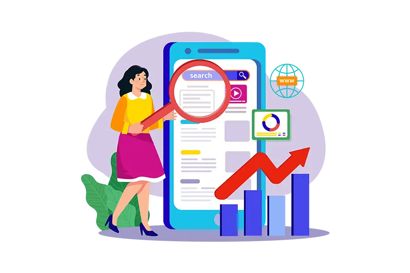 Ilustracja kobiety analizującej wizytówkę Google na smartfonie z ikonami wyszukiwania i statystyk