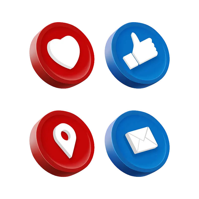 Cztery trójwymiarowe ikony mediów społecznościowych: serce, kciuk, lokalizacja i koperta.