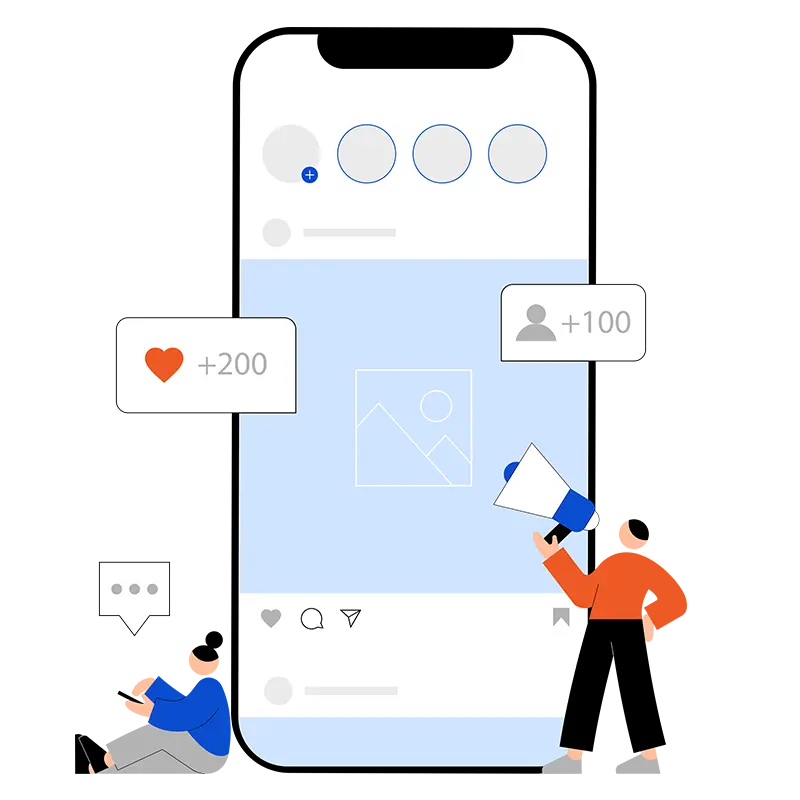 Ilustracja telefonu z aplikacją Instagram i ikonami lajków, komentarzy i użytkowników