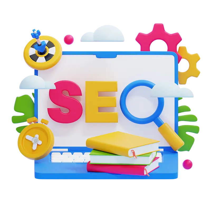 Ilustracja z napisem SEO, lupą, mapą i książkami symbolizująca lokalne pozycjonowanie firmy w Google