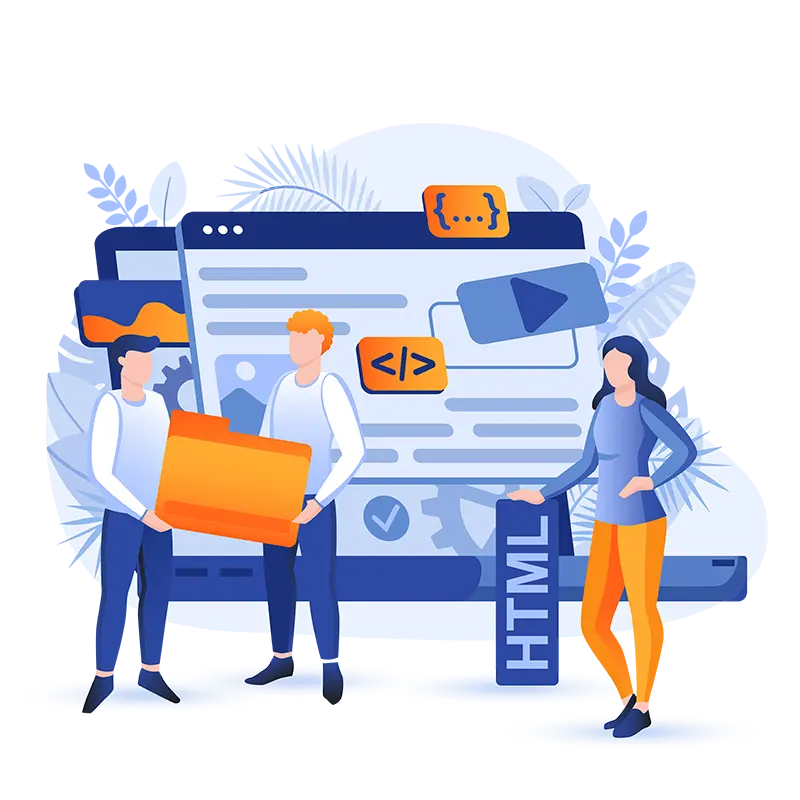 Ilustracja przedstawiająca zespół pracujący nad stroną internetową w Webflow z elementami HTML i UI.
