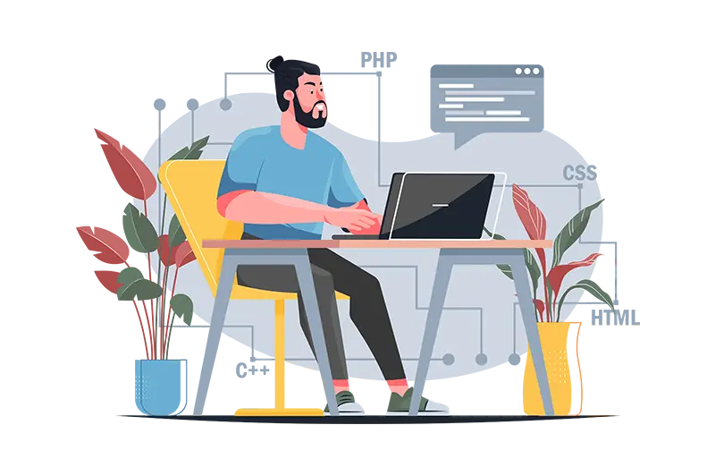 Ilustracja programisty pracującego nad stroną internetową WordPress z elementami HTML, CSS i PHP.
