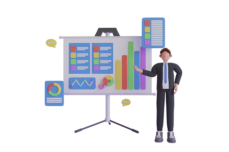 Ilustracja biznesmena prezentującego dane kampanii reklamowej na planszy z wykresami i infografikami