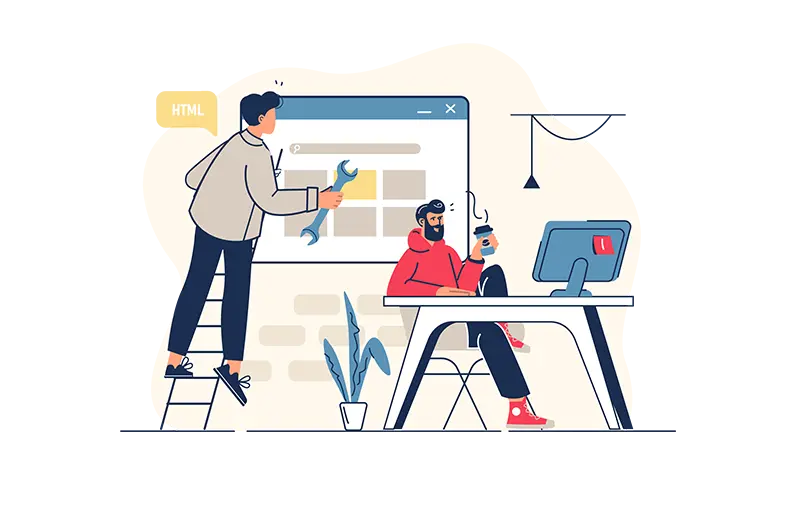 Ilustracja zespołu projektującego stronę internetową przy użyciu Framer z naciskiem na design i interaktywność.
