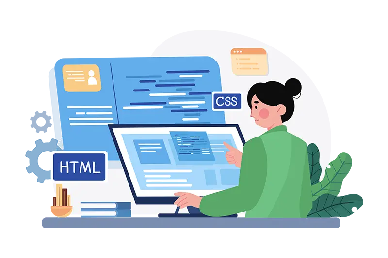 Ilustracja projektantki stron internetowych pracującej przy komputerze z elementami HTML i CSS.